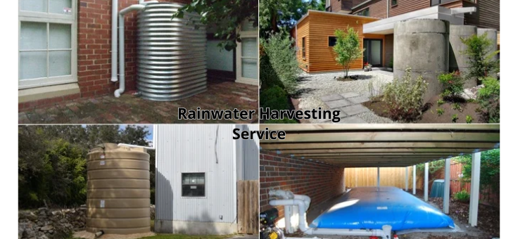 Collaged images show the rainwater saving method using long lasting water tanks and pipelines.
